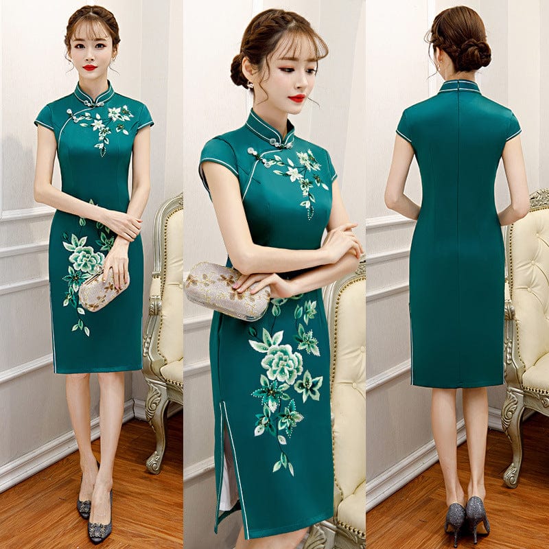 Beth and Brian Qipao-MLS Floral embroidery, silk midi Cheongsam