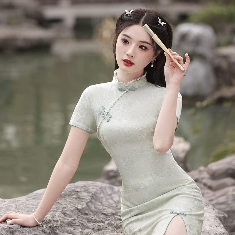 Beth and Brian Qipao-MLS Fan pattern, lace short Cheongsam