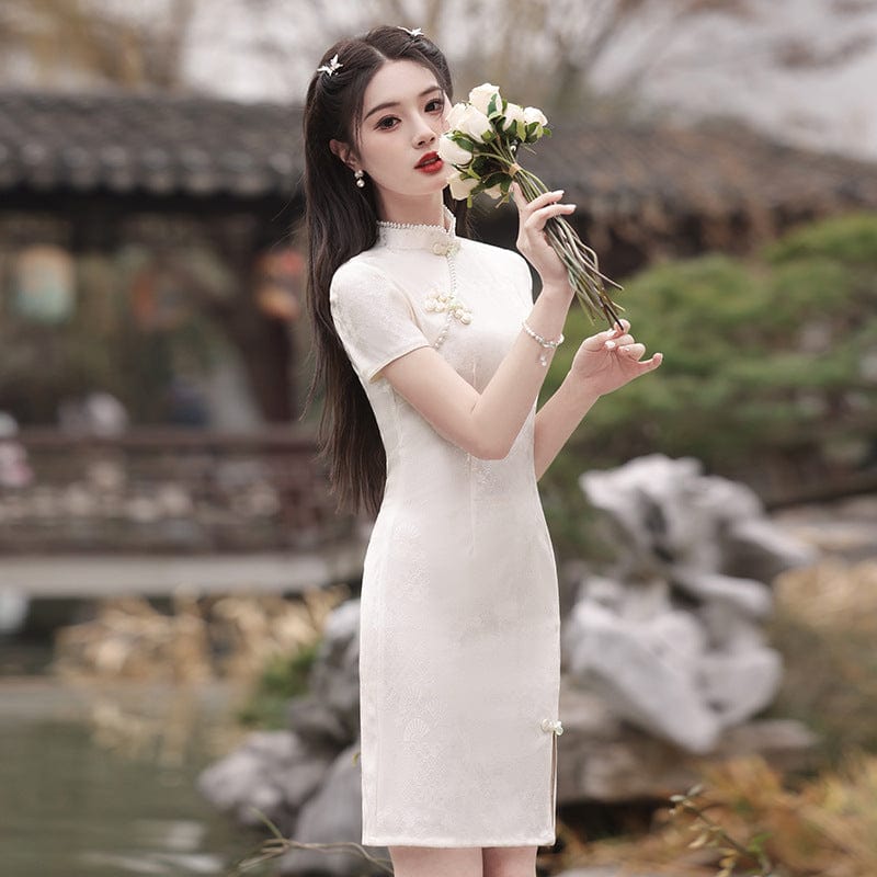 Beth and Brian Qipao-MLS Fan pattern, lace short Cheongsam
