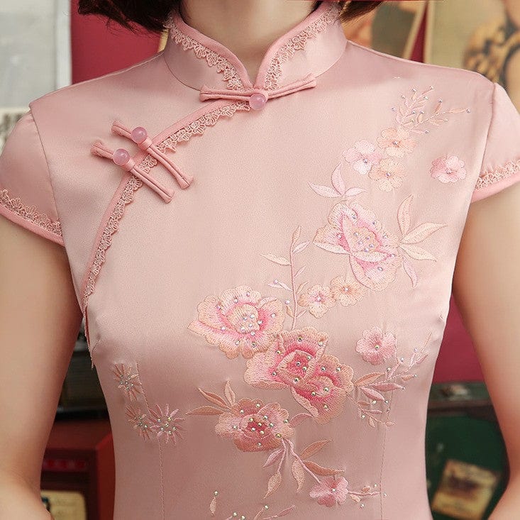 Beth and Brian Qipao-MLS Floral embroidery, silk midi Cheongsam with cap sleeves