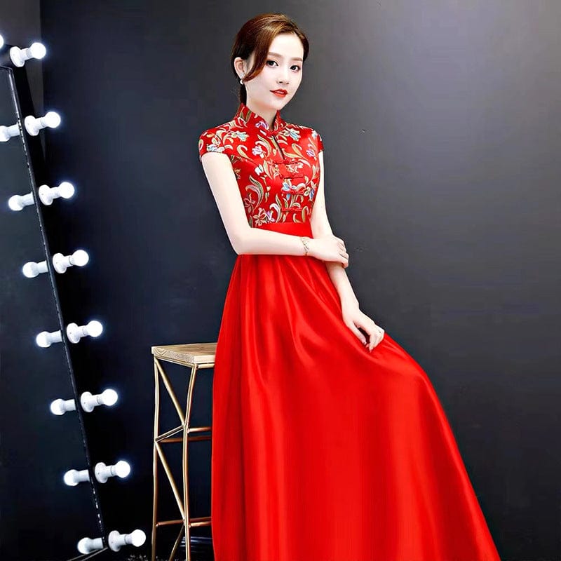 Beth and Brian Qipao-YLF Customizble Floral Embroidery, Floor Length Cheongsam With Cap Sleeves