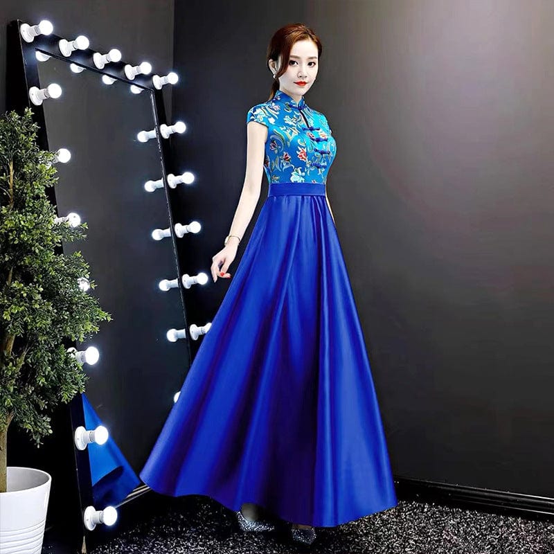 Beth and Brian Qipao-YLF Customizble Floral Embroidery, Floor Length Cheongsam With Cap Sleeves
