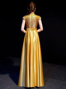 Beth and Brian Qipao-YLF Customizble Floral Embroidery, Floor Length Cheongsam With Cap Sleeves