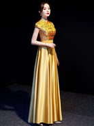 Beth and Brian Qipao-YLF Customizble Floral Embroidery, Floor Length Cheongsam With Cap Sleeves