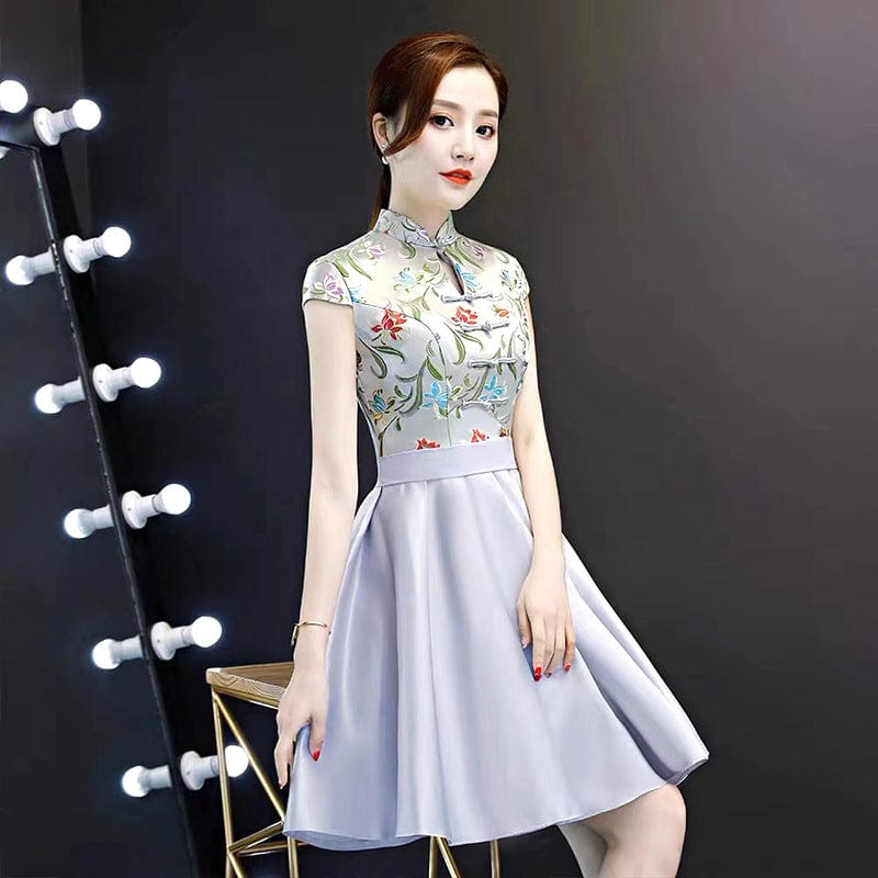 Beth and Brian Qipao-YLF Floral embroidery, A line, prom short Cheongsam
