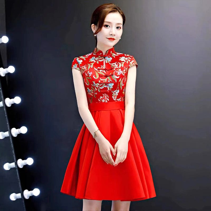 Beth and Brian Qipao-YLF Floral embroidery, A line, prom short Cheongsam