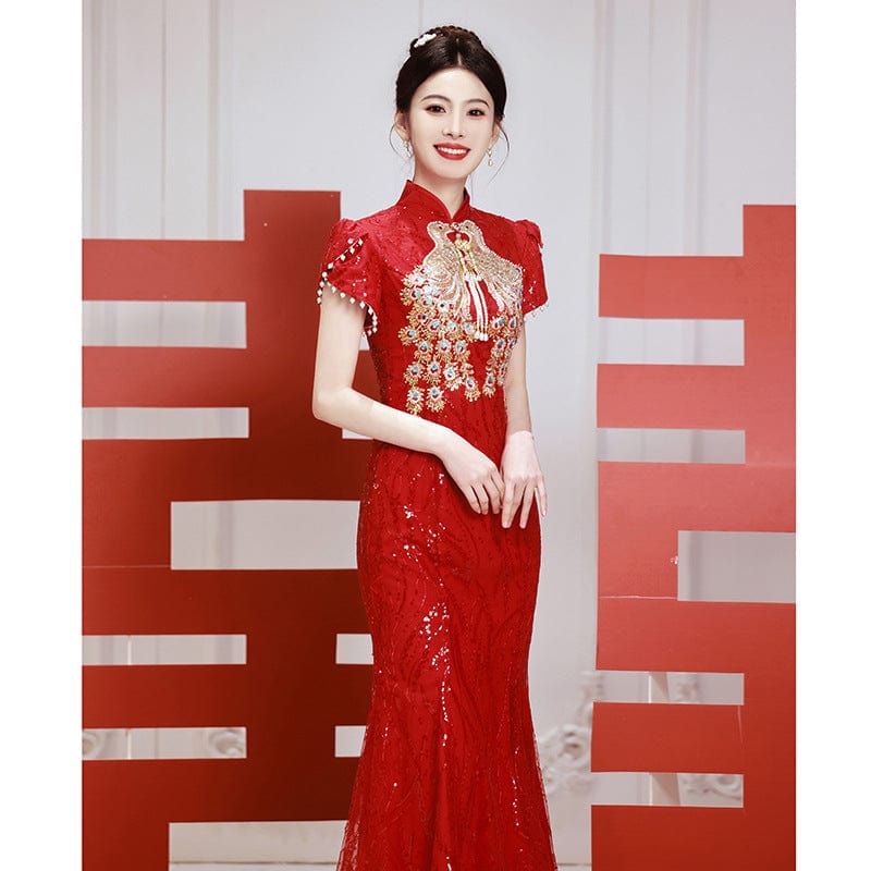 Beth and Brian Qipao-XY Peacock embroidery, red&champagne wedding mermaid Cheongsam
