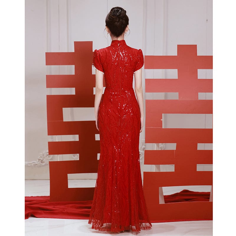 Beth and Brian Qipao-XY Peacock embroidery, red&champagne wedding mermaid Cheongsam
