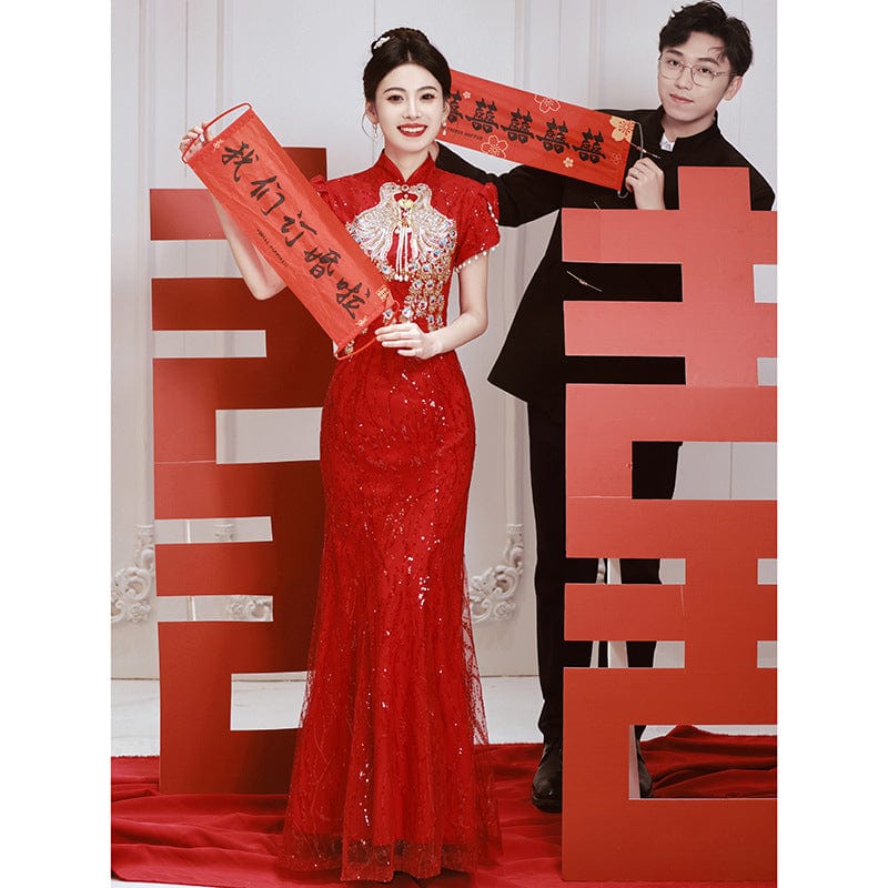 Beth and Brian Qipao-XY Peacock embroidery, red&champagne wedding mermaid Cheongsam