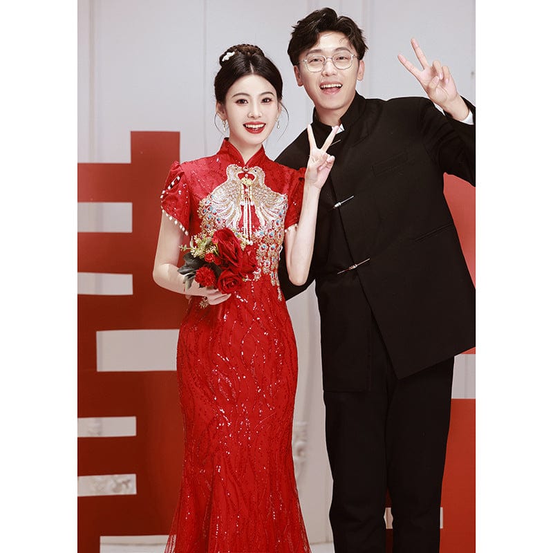 Beth and Brian Qipao-XY Peacock embroidery, red&champagne wedding mermaid Cheongsam