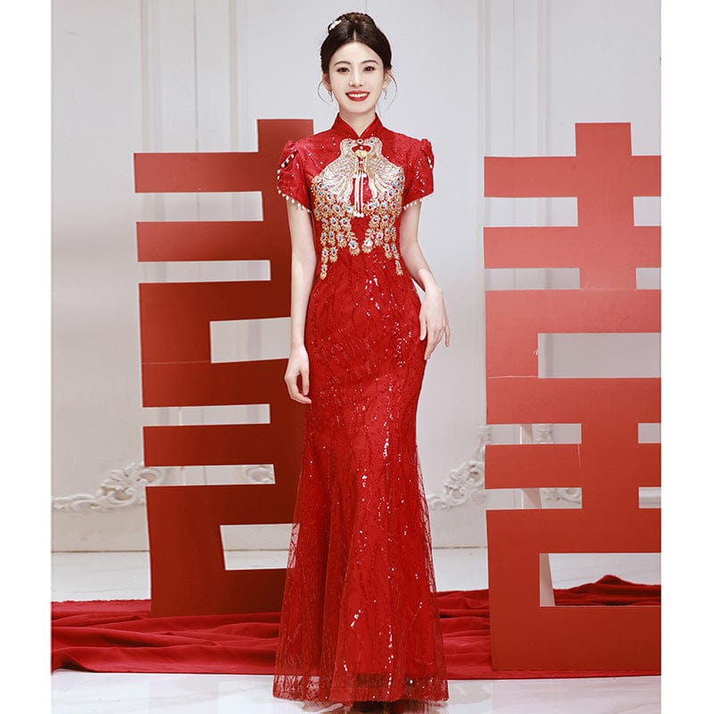 Beth and Brian Qipao-XY Peacock embroidery, red&champagne wedding mermaid Cheongsam