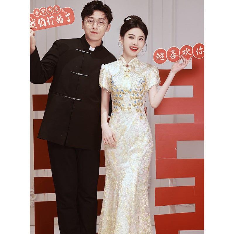 Beth and Brian Qipao-XY Peacock embroidery, red&champagne wedding mermaid Cheongsam
