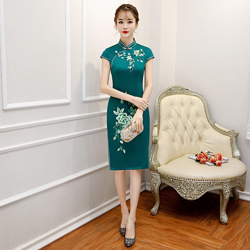 Beth and Brian Qipao-MLS Floral embroidery, silk midi Cheongsam