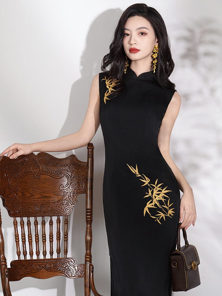 Beth and Brian Qipao-LSB New Chinese style (新中式), gold bamboo leaf pattern, midi Cheongsam