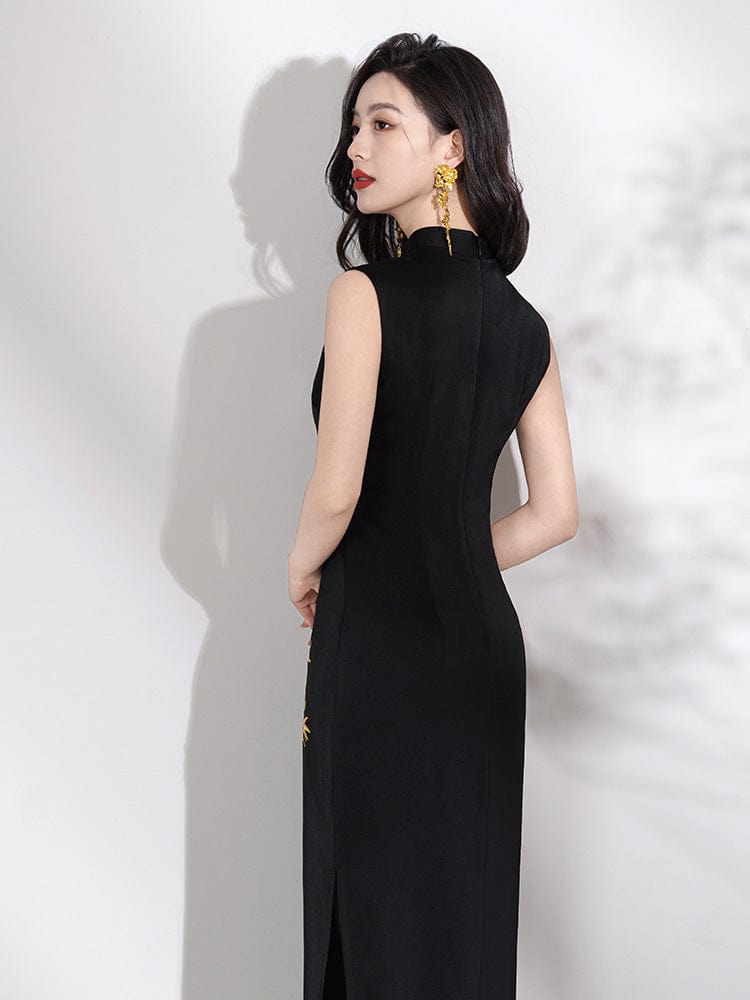 Beth and Brian Qipao-LSB New Chinese style (新中式), gold bamboo leaf pattern, midi Cheongsam