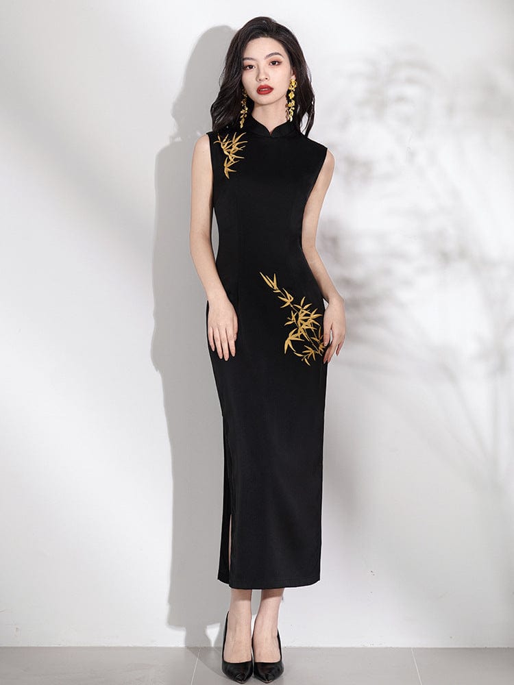 Beth and Brian Qipao-LSB New Chinese style (新中式), gold bamboo leaf pattern, midi Cheongsam
