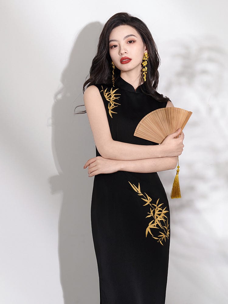 Beth and Brian Qipao-LSB New Chinese style (新中式), gold bamboo leaf pattern, midi Cheongsam