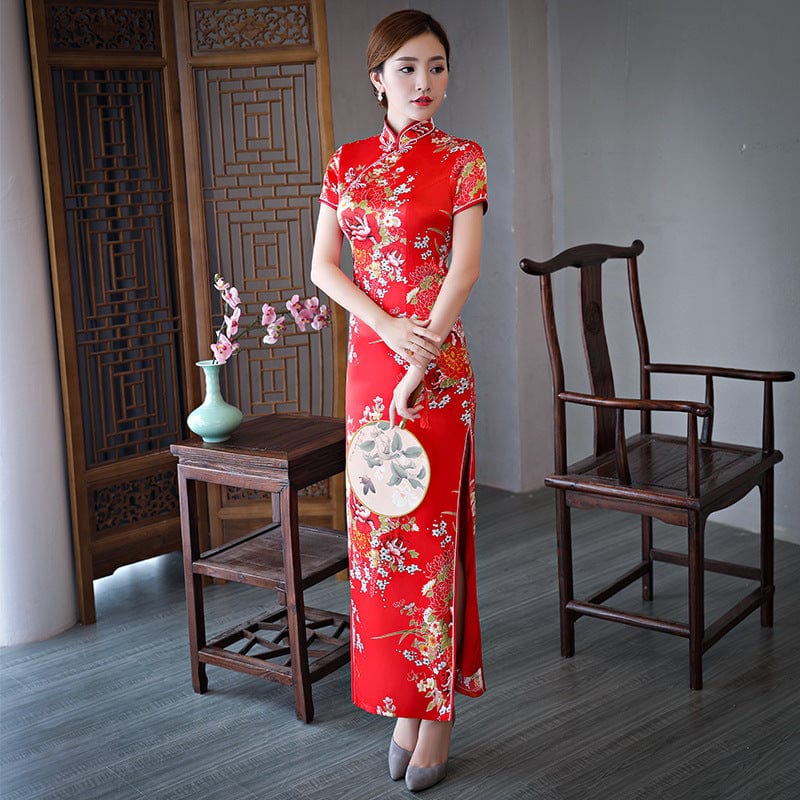 Beth and Brian Qipao-QCYJ Floral pattern, red long Cheongsam for mothers