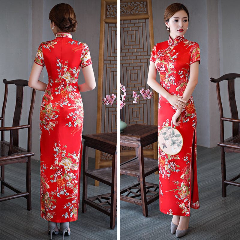 Beth and Brian Qipao-QCYJ Floral pattern, red long Cheongsam for mothers