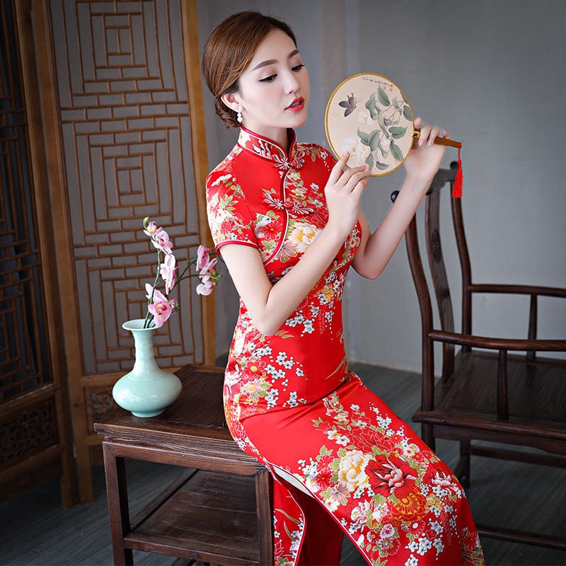 Beth and Brian Qipao-QCYJ Floral pattern, red long Cheongsam for mothers