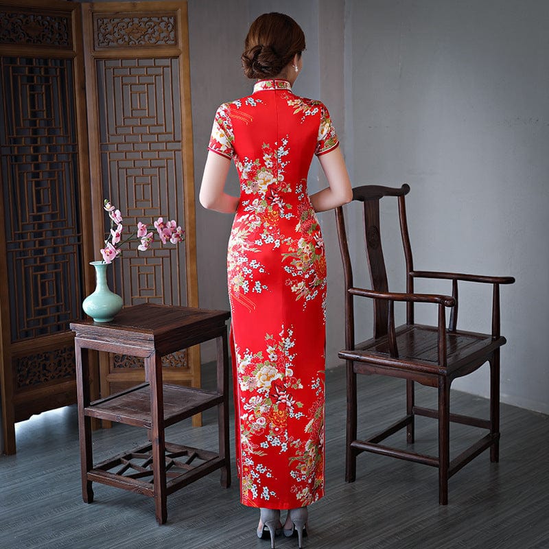 Beth and Brian Qipao-QCYJ Floral pattern, red long Cheongsam for mothers