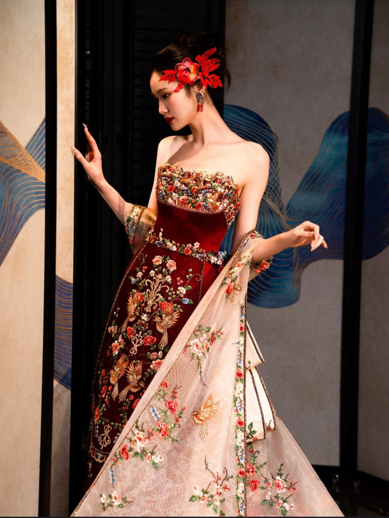 Beth and Brian Qipao- OSMY Hand-made, Tub top embroidery Cheongsam set, luxury Qipao set