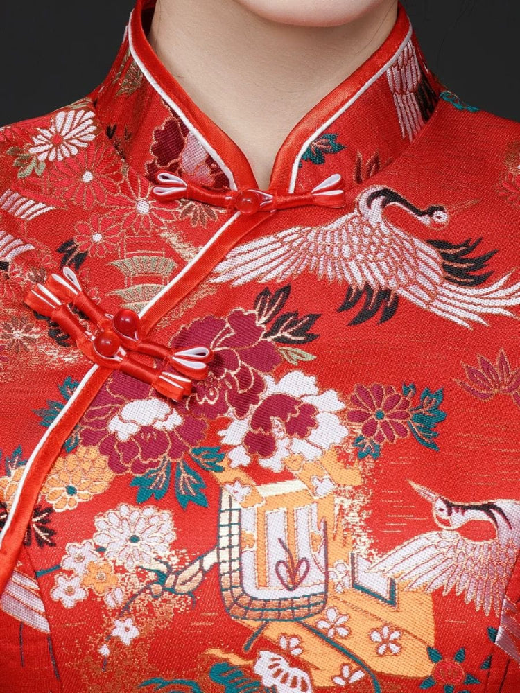 Beth and Brian Qipao-YSY Customizble, High-end, crane print red long Cheongsam