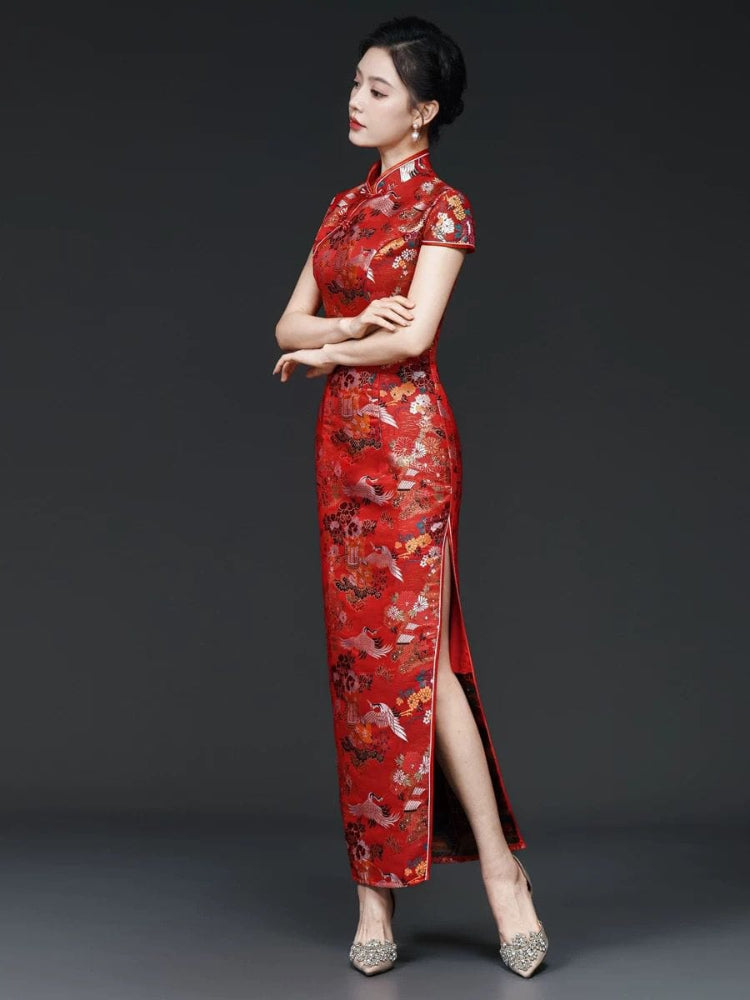 Beth and Brian Qipao-YSY Customizble, High-end, crane print red long Cheongsam