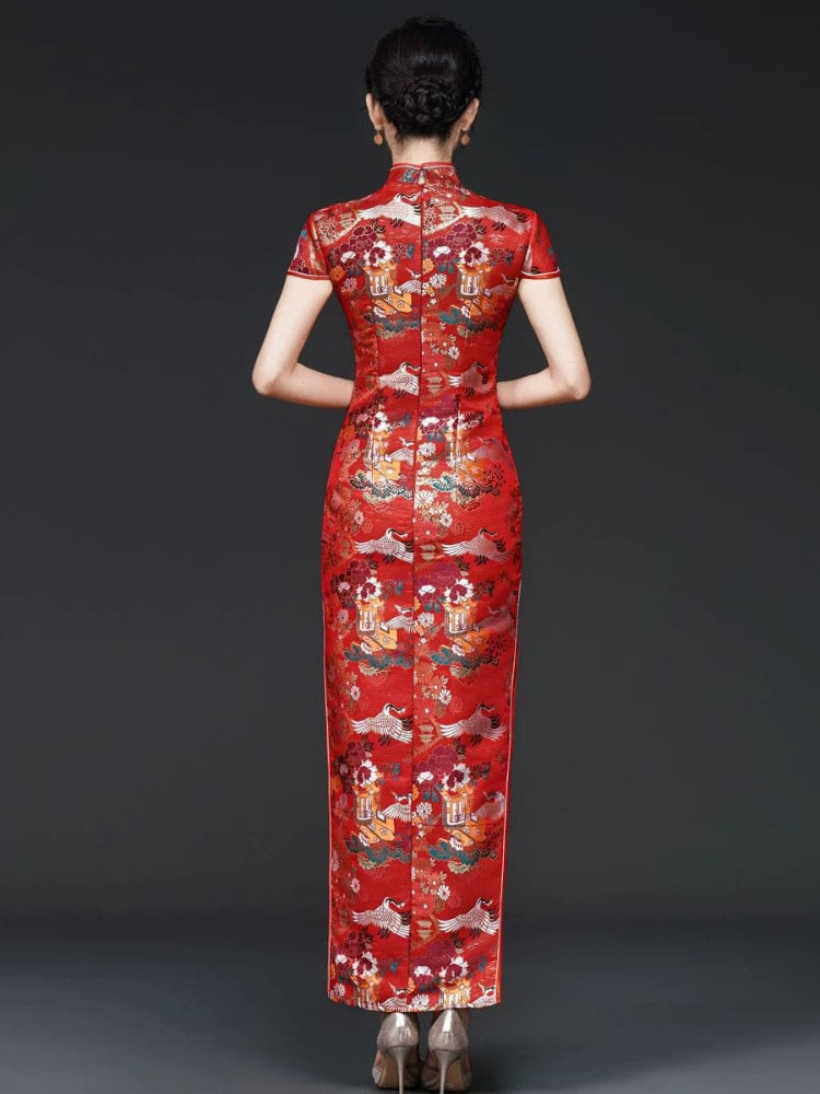 Beth and Brian Qipao-YSY Customizble, High-end, crane print red long Cheongsam