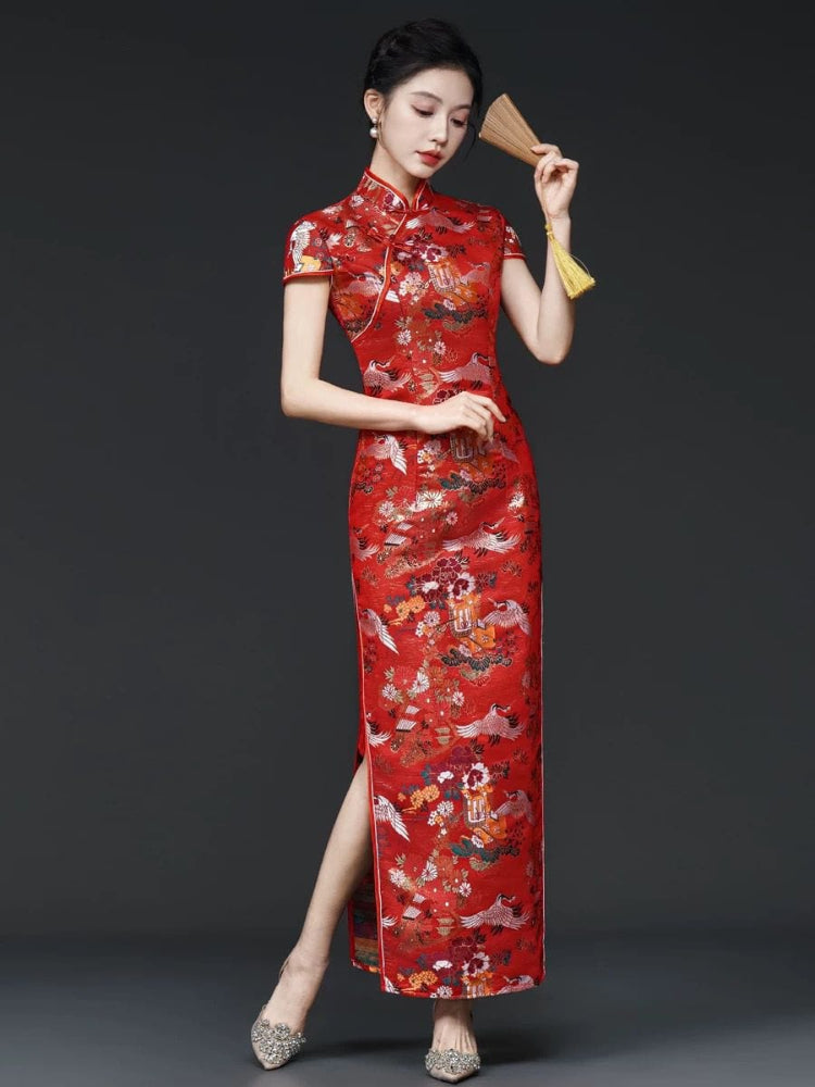 Beth and Brian Qipao-YSY Customizble, High-end, crane print red long Cheongsam
