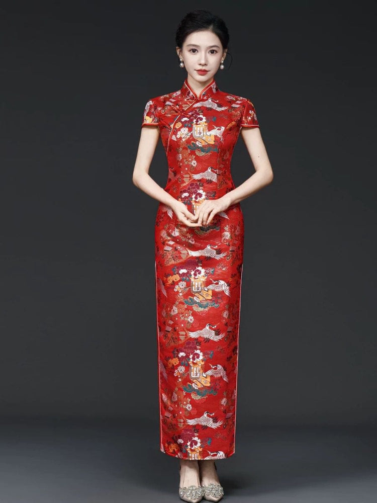 Beth and Brian Qipao-YSY Customizble, High-end, crane print red long Cheongsam
