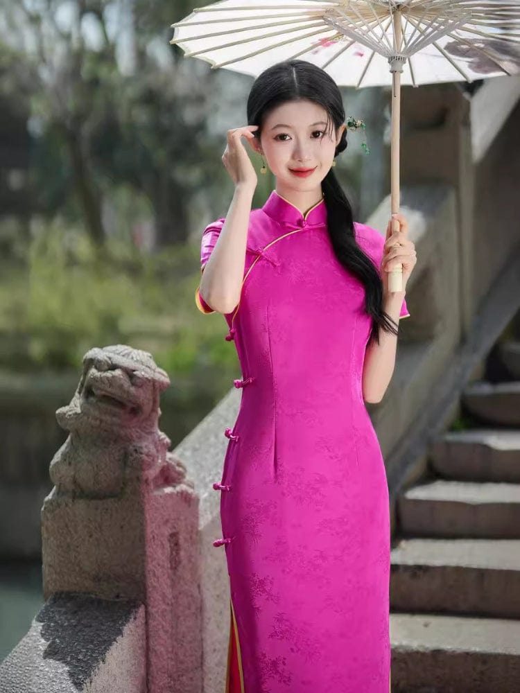 Beth and Brian Qipao-GSJ Floral pattern, jacquard satin long Cheongsam