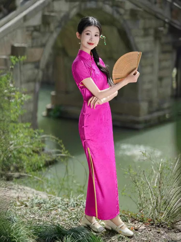 Beth and Brian Qipao-GSJ Floral pattern, jacquard satin long Cheongsam