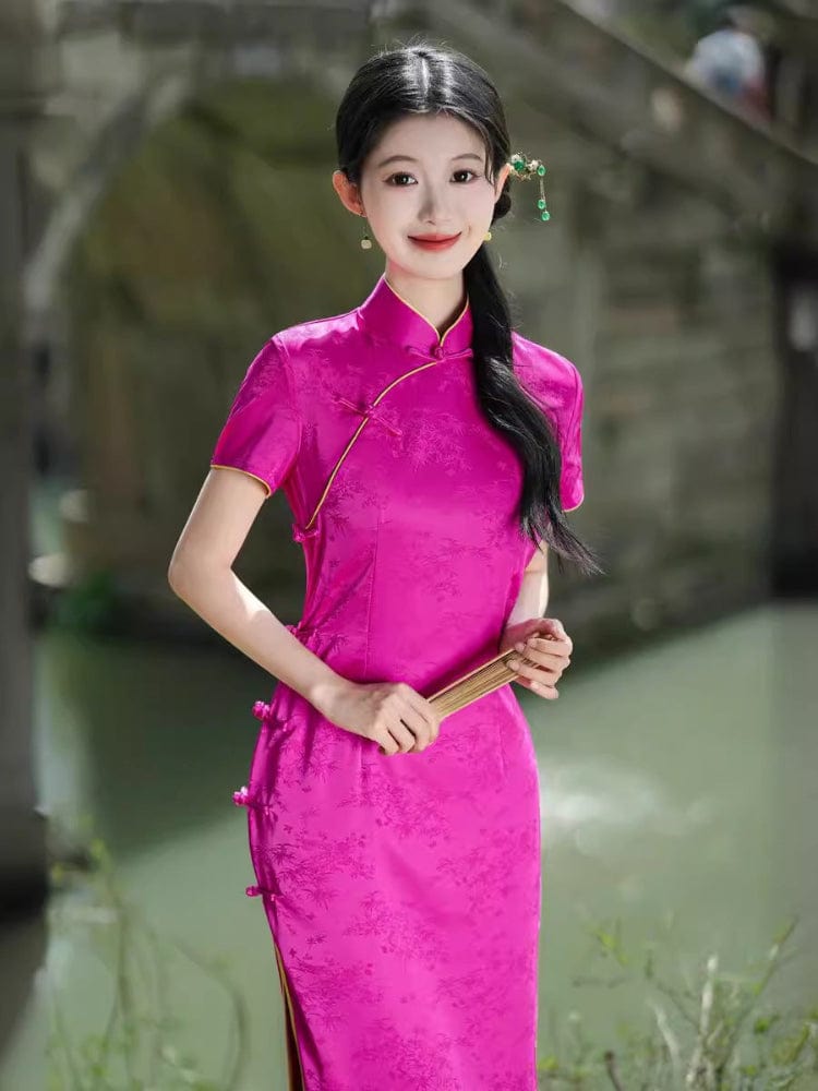 Beth and Brian Qipao-GSJ Floral pattern, jacquard satin long Cheongsam