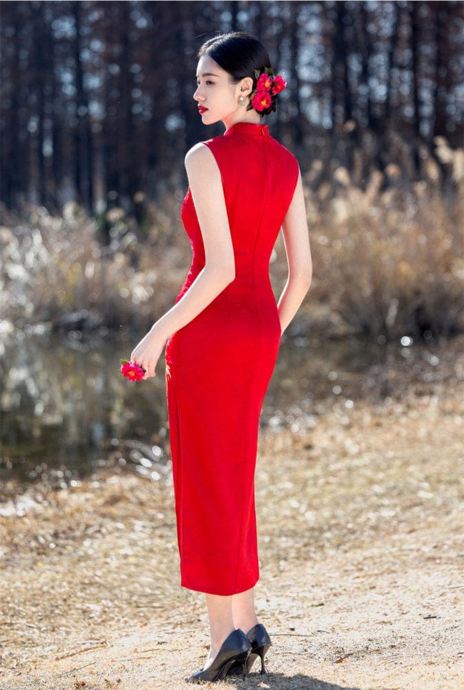 Beth and Brian Qipao-SYK New Chinese style (新中式), gold bamboo leaf long Cheongsam