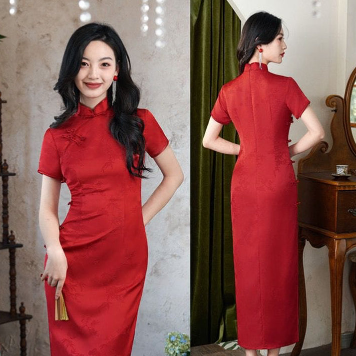 Beth and Brian Qipao-SYK Floral Pattern, Graduations Red Long Cheongsam