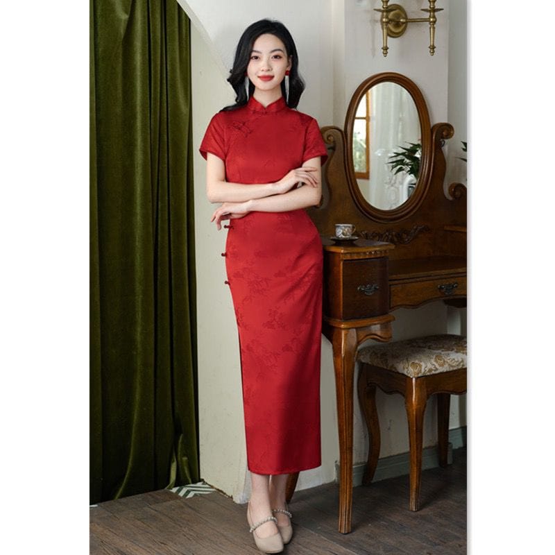 Beth and Brian Qipao-SYK Floral Pattern, Graduations Red Long Cheongsam
