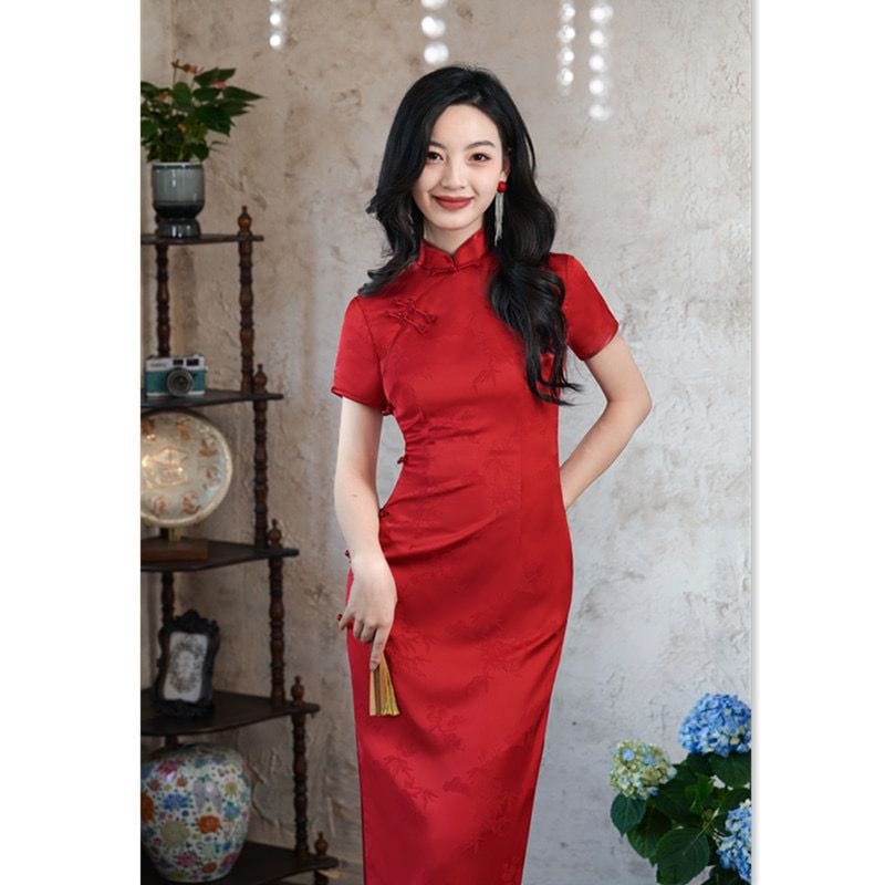 Beth and Brian Qipao-SYK Floral Pattern, Graduations Red Long Cheongsam
