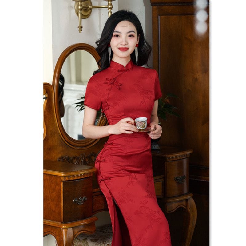 Beth and Brian Qipao-SYK Floral Pattern, Graduations Red Long Cheongsam