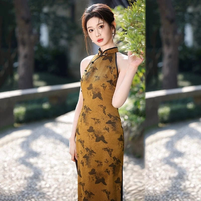 Beth and Brian Qipao-ZQYS New Chinese style (新中式), butterfly pattern, brown midi Cheongsam