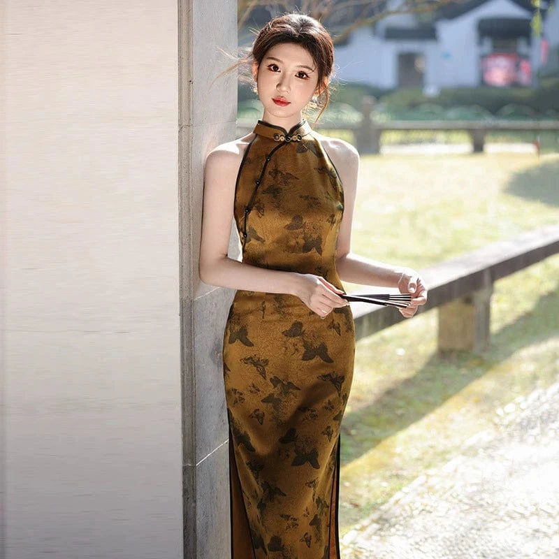Beth and Brian Qipao-ZQYS New Chinese style (新中式), butterfly pattern, brown midi Cheongsam
