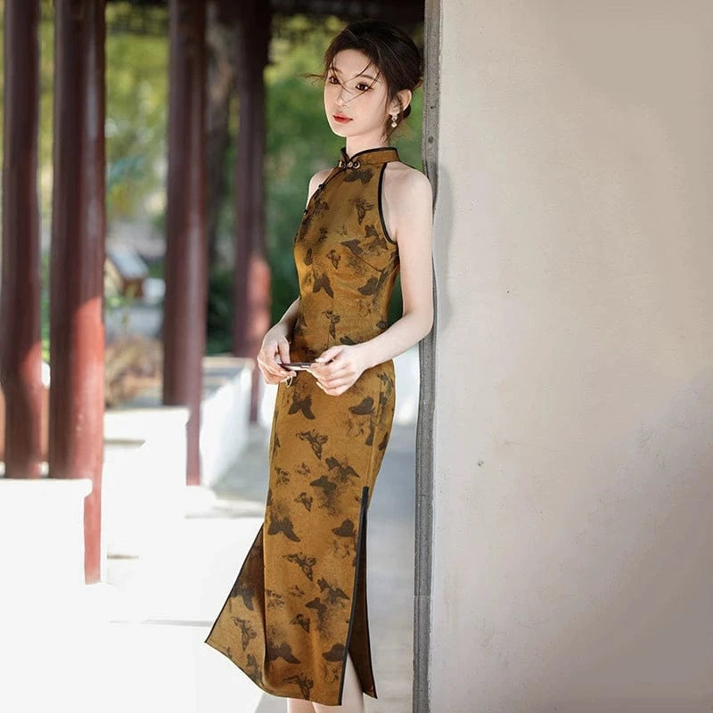 Beth and Brian Qipao-ZQYS New Chinese style (新中式), butterfly pattern, brown midi Cheongsam