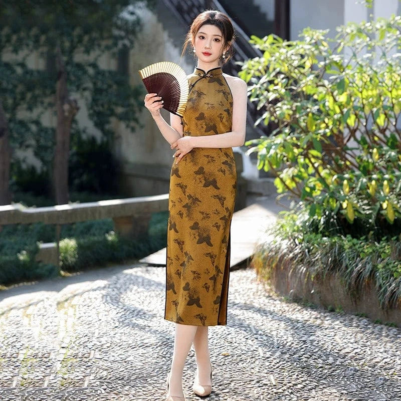 Beth and Brian Qipao-ZQYS New Chinese style (新中式), butterfly pattern, brown midi Cheongsam