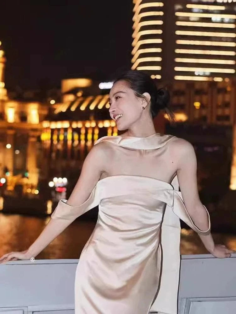 Beth and Brian Qipao-MY New Chinese style, Tube top, champagne long Cheongsam