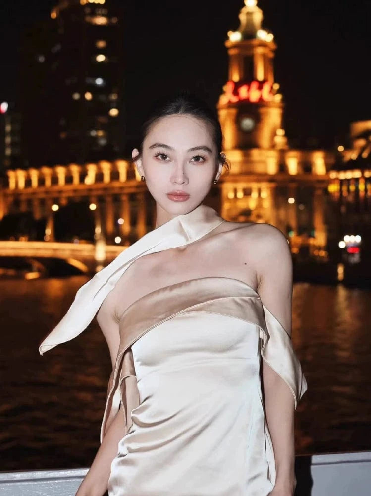 Beth and Brian Qipao-MY New Chinese style, Tube top, champagne long Cheongsam