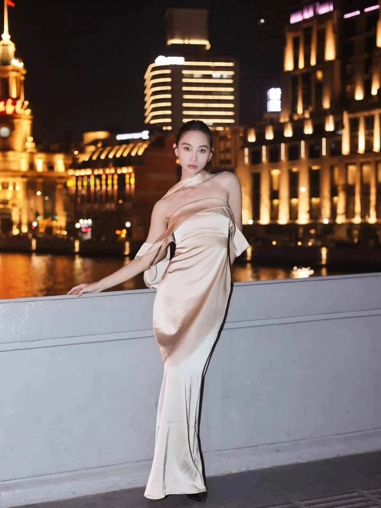 Beth and Brian Qipao-MY New Chinese style, Tube top, champagne long Cheongsam