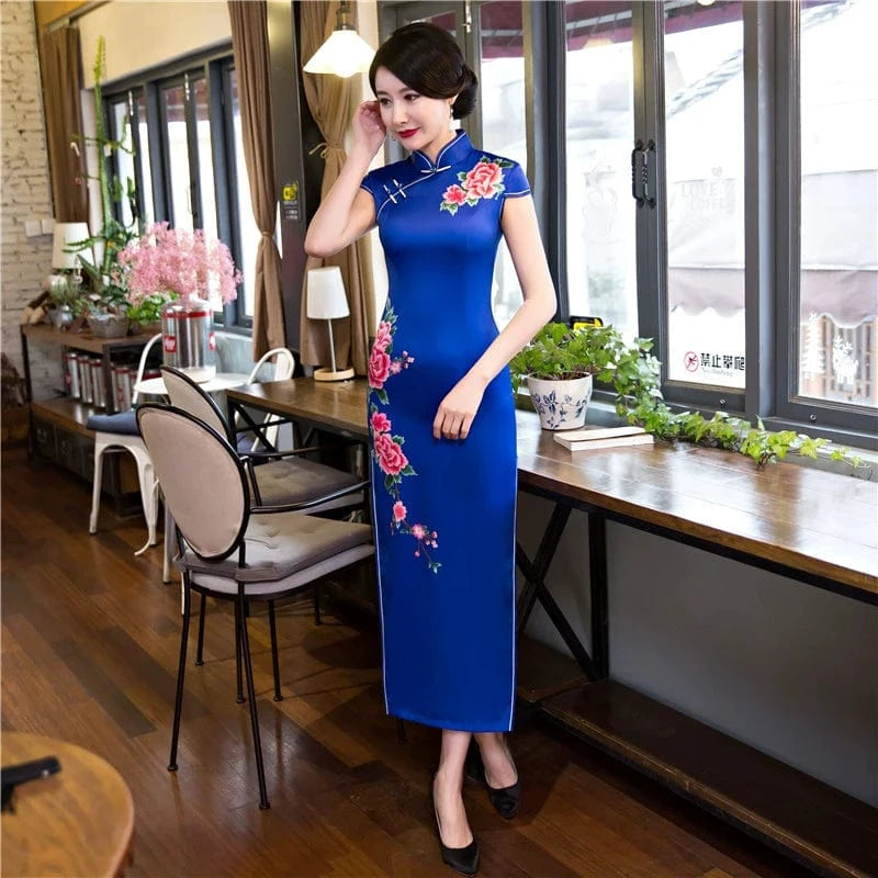 Beth and Brian Qipao-SYK Plus size long Cheongsam for mothers with cap sleeves