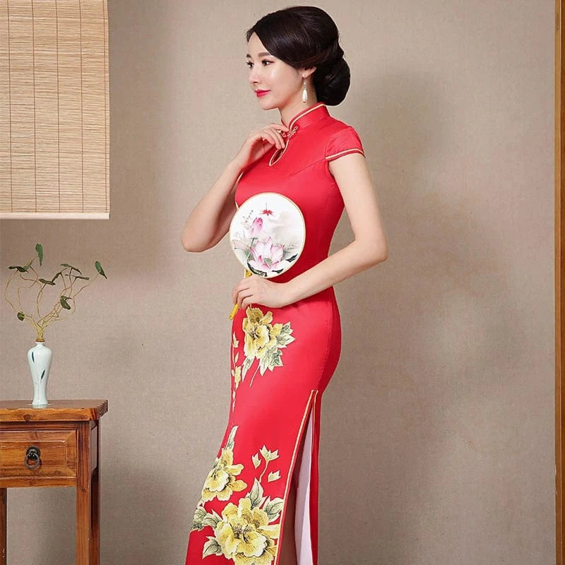 Beth and Brian Qipao-ZQYS Floral print, red silk long Cheongsam with cap sleeves