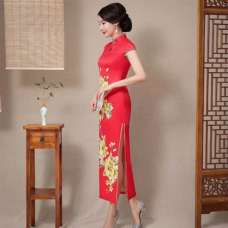 Beth and Brian Qipao-ZQYS Floral print, red silk long Cheongsam with cap sleeves
