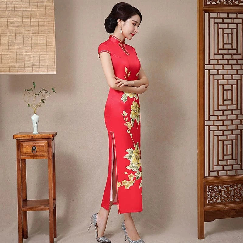 Beth and Brian Qipao-ZQYS Floral print, red silk long Cheongsam with cap sleeves